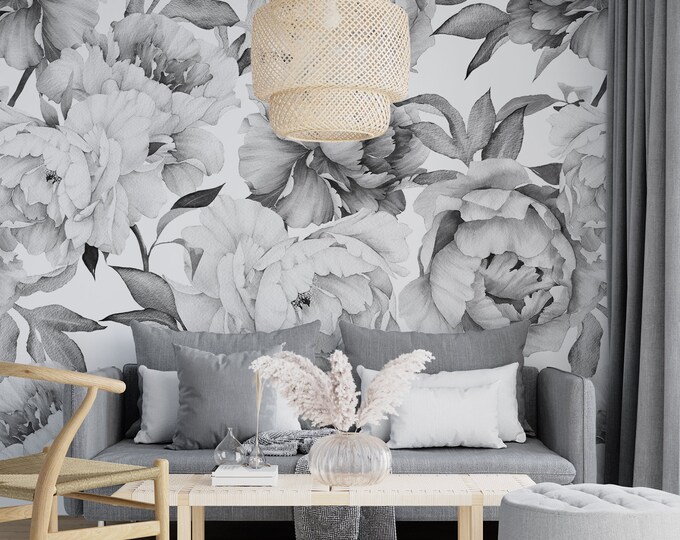 Wallpaper With Peony and Tulip Flowers, Large Black Wall Paper Decor ...