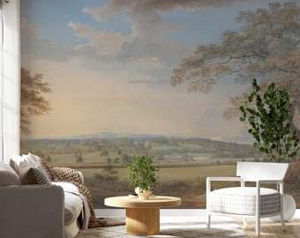 Scenic Wallpaper Mural, Rural Landscape Wallpaper Traditional, Vintage Landscape Painting Wallpaper Mural, Rural Painting Wallpaper