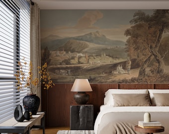 Boom en heuvel uitzicht behang, schilderachtige muur muurschildering, landschap aquarel behang, boom behang, landelijk behang