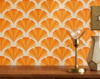Orange Art Deco Wallpaper, Vintage Fan Pattern, Retro Geometric Wallpaper, Mid Century Modern Wall Decor