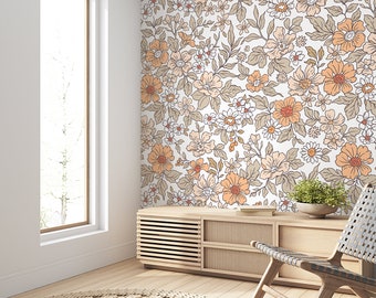 1970s Floral Wallpaper, Floral Peel and Stick, Avery Retro Floral, Vintage Meadow Flowers Mural, Orange Removable Peel and Stick