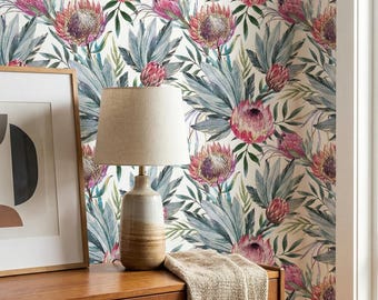 Tropical Floral Wallpaper - Pink  Protea Botanicals wallpaper Peel & Stick or Traditional Wall Covering