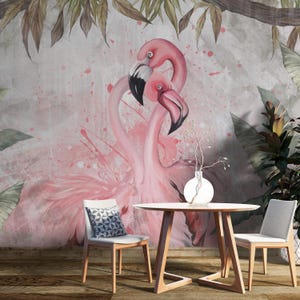Flamingo Wallpaper, Pink and Gray Retro Bird Mural, Luxury Tropical Wall Decor Removable Peel and Stick or Permanent Traditional Wallpaper
