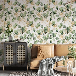 Green Eucalyptus Leaf Removable Wallpaper, Leaves and Branches Removable Wall Mural, Botanical Self Adhesive wallpaper