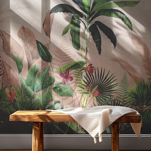 Tropical Wallpaper Peel and Stick, Vintage Tropical Landscape Wallpaper, Pink Wallpaper, Exotic Wallpaper, Removable Wallpaper