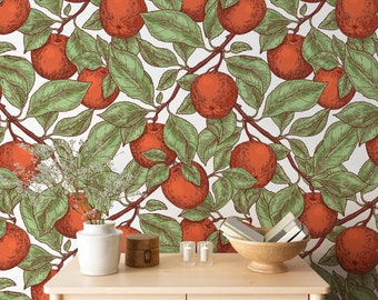 Red Apple Wallpaper, Vintage Apple Retro wallpaper, apple branch, garden, Fruit Birds Removable Peel and Stick Wallpaper