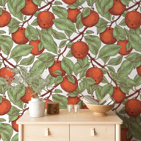 Red Apple Wallpaper, Vintage Apple Retro wallpaper, apple branch, garden, Fruit Birds Removable Peel and Stick Wallpaper