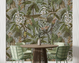 Leopard Muster Tapete, Tropische Blätter Moderne Dschungel Tapete, Gepard Schälen und Stick Tapete, Dschungel Wandbild, Palmen Wandbild