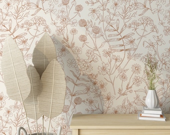 Wild Field and Meadow Plants Wallpaper, Floral Herbs Removable Wallpaper, Wild Herbs and Flowers Wallpaper, Removable Self Adhesive Botanica