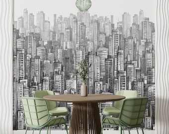 Create a Modern and Urban Cityscape Wallpaper, Look with Our Grey Office Wallpaper, Black and White Removable Wallpaper, Self Adhesive #40