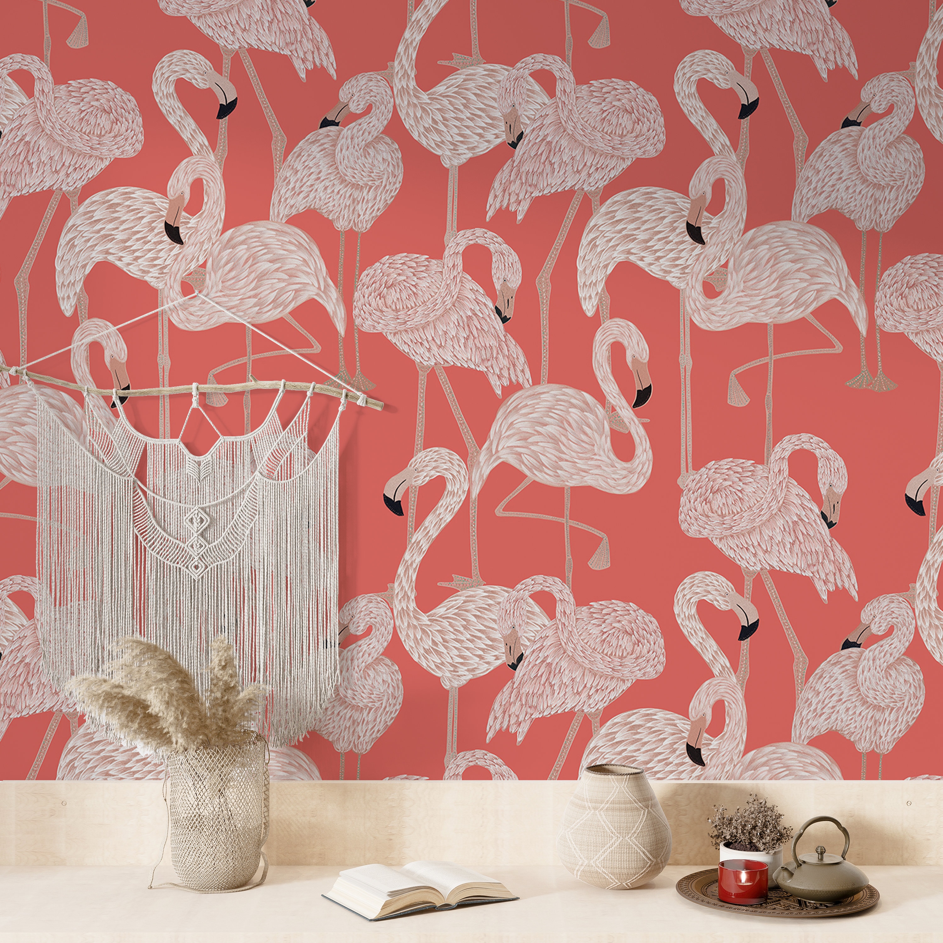 Wallpaper Flamingo Pink, Retro Bird Mural, Luxury Tropical Wall Decor, Vintage Removable Peel and Stick or Traditional Wallpaper