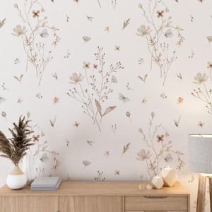 Beige Boho Minimalistic Floral Wallpaper, Peel and Stick Wallpaper, Removable Wallpaper, Floral Garden Wallpaper, Tranquil Bloom Wallpaper