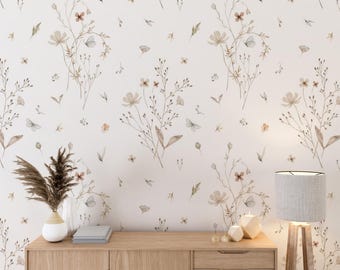 Papel pintado floral minimalista beige bohemio, papel pintado autoadhesivo, papel pintado extraíble, papel pintado floral de jardín, papel pintado de flores tranquilas