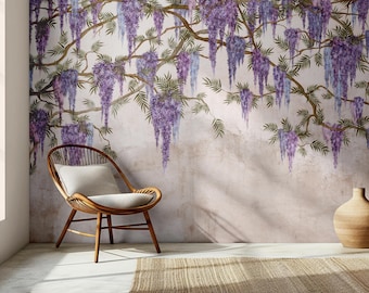 May include: A room with a floral mural featuring purple wisteria blossoms and green leaves. A wooden chair with a white cushion and a decorative vase sit in front of the mural. A woven rug is on the floor.