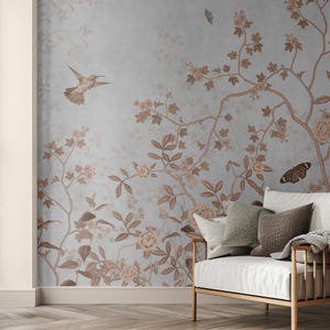 Сhinoiserie Blossom Birds and Branches Wallpaper, Floral Wall Mural, Birds & Flowers Peel Stick Wallpaper, Gray Removable Wallpaper #210