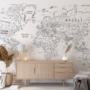 Carta da parati con mappa del mondo, murale con mappa del mondo dettagliata in bianco e nero, mappa di viaggio staccabile e attaccabile, mappa degli Stati Uniti, Americhe, Europa, Asia, Australia, mondo