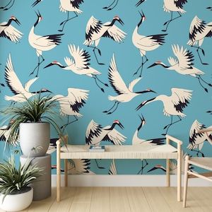 Carta da parati Crane Birds con sfondo blu, stacca e attacca, murale vintage Crane Birds, carta da parati Heron