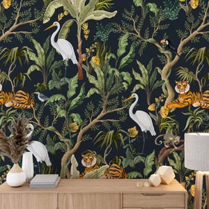 Jungle Landscape Mural Wallpaper Peel and Stick - Nature Mural with Tropical Animals Temporary Wallpaper #208