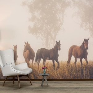 Vintage szenische mit Pferdetapete, Landschaft mit Pferden, Vintage Tapete, Farm Decor, Schälen und Aufkleben oder traditionelle Tapete