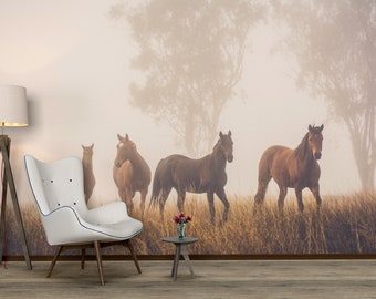 Vintage scenic with horse wallpaper, landscape with horses, vintage art wallpaper, Farm Decor, peel and stick or traditional wallpaper