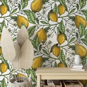 Lemon Tree Wallpaper, Botanical Wallpaper, Farmhouse Decor, Green Wallpaper, Nursery Wallpaper LEMONS wallpaper #47