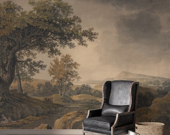 Scenic rural landscape wallpaper, Rustic countryside renters wall mural, Sepia landscape wallpaper, Vintage Wall Mural