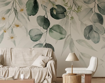 Hanging Leaves Tropical Wallpaper, Willow branches Wallpaper Peel & Stick removable fabric wallpaper, Nursery Wallpaper, Floral Wall Mural