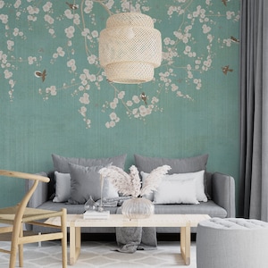 Birds on Branches Peel and Stick Wallpaper, Hummingbird Wallpaper, Chinoiserie Wallpaper Mural, Vintage Wallpaper, Birds and Blossom