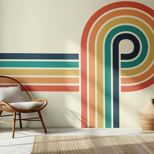 Carta da parati a strisce retrò in stile anni '70, Carta da parati colorata, Carta da parati vintage rimovibile, Carta da parati con motivo boho, Stampa murale boho, Peel & Stick