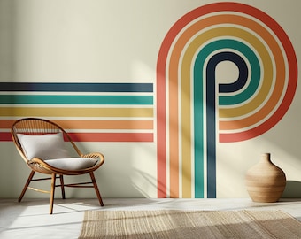 70s style retro stripes wallpaper, Colorful wallpaper, Vintage removable wallpaper, Boho pattern wallpaper, Boho mural print, Peel & Stick