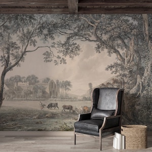 Valley wall mural, Scene wallpaper, Landscape vintage, Panoramique, Scenic painting, regular wallpaper, Hand-painted Wallpaper