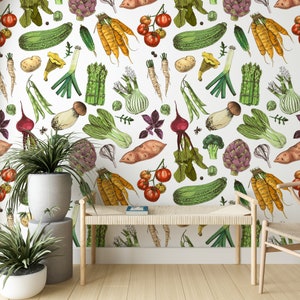 Vegetable wallpaper, Veggie print, Kitchen wall mural, Chef wallpaper, Vintage Vegetables Self Adhesive, Wallpaper Retro Cooking Mural #46