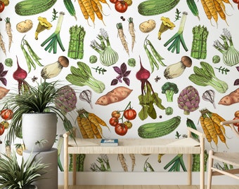 Vegetable wallpaper, Veggie print, Kitchen wall mural, Chef wallpaper, Vintage Vegetables Self Adhesive, Wallpaper Retro Cooking Mural #46