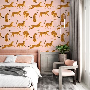 Carta da parati con motivo leopardato, carta da parati moderna con animali rosa tropicale, carta da parati rimovibile, materiale staccabile e appiccicoso o tradizionale