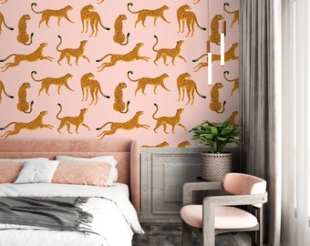 Leopard Pattern Wallpaper, Tropical Pink Modern Animal Wallpaper, Removable Wallpaper, Peel & Stick or Traditional Material