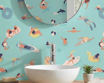 Retro zwemmersbehang: strand retro aquarel behang, zomer nautische oceaanmuurschildering