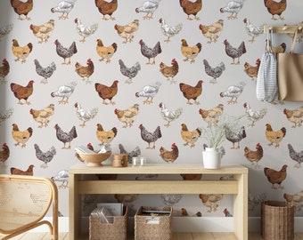 Chicken Wallpaper Peel and Stick, Farm Wallpaper, Chicken Wallpaper, Rooster Wallpaper, Farmhouse Wallpaper, Kitchen Wallpaper
