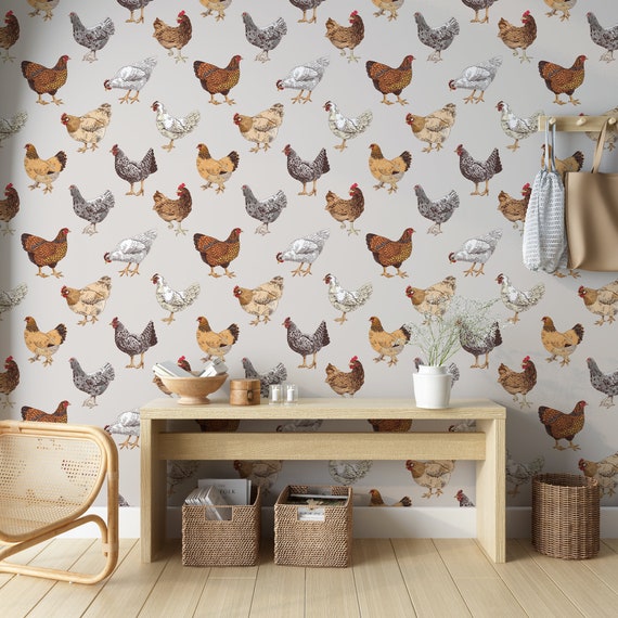 Chicken Wallpaper Peel and Stick, Farm Wallpaper, Chicken Wallpaper, Rooster Wallpaper, Farmhouse Wallpaper, Kitchen Wallpaper