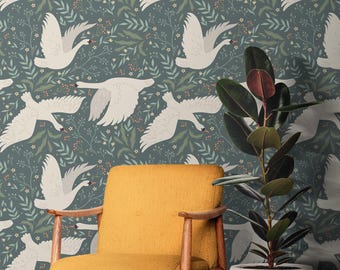 Swan Bird Wallpaper, Self Adhesive Removable Swamp flora and fauna, Flying Crane Birds Wallpaper Wall Mural Peel and Stick Wallpaper Vintage