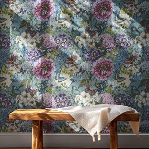 Garden Flowers and Birds Peel and Stick Wallpaper, Removable Botanic Hummingbird Mural, Floral Self Adhesive or Pre-Pasted, Eco Friendly