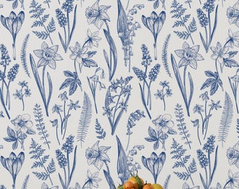 Blaue Aquarell Blumen Tapete, Kleine Blumentapete, Blaue Garten Tapete, Aquarell Tapete, Abziehbare Tapete