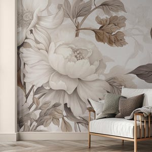 Carta da parati murale minimalista neutra con peonia, autoadesiva, di grandi dimensioni, con peonia floreale tradizionale preincollata o staccabile e attaccabile #206