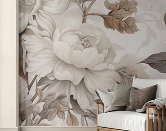 Neutral Minimalist Peony Mural, Self Adhesive, Large Scale Wallpaper Peony Floral Traditional Pre-pasted or Peel and Stick #206