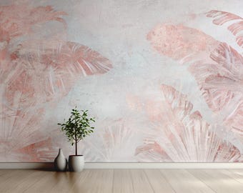 Pink Palm Leaves Peel & Stick Wall Mural, Tropical Jungle Self Adhesive Wallcover, Botanical Print Removable Wallpaper #214