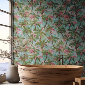 Palm Trees Wallpaper,  Pink and Tan Coastal Illustration, Tropical Beach House Decor, Tropical Large Trees Peel & Stick Mural Summer #224