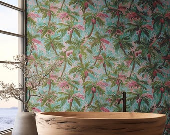 Palm Trees Wallpaper,  Pink and Tan Coastal Illustration, Tropical Beach House Decor, Tropical Large Trees Peel & Stick Mural Summer #224