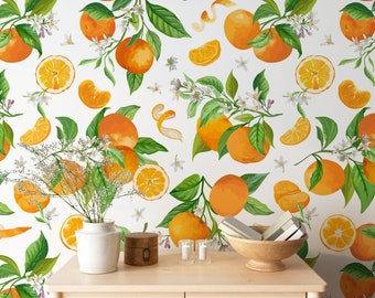 Orange tree wallpaper, Branches, Green Leaves and Fruit wallpaper, Fruit Print, Citrus Wallpaper, Removable Peel and Stick Mural