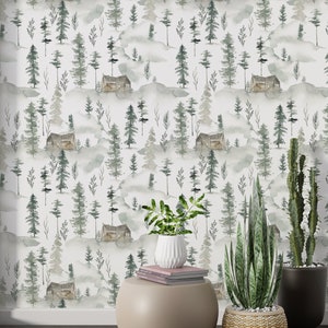Aquarelle brumeuse des montagnes de la forêt de pins, décoration murale paysage boisé et forêt brumeuse, papier peint autocollant, tête de lit forêt brumeuse