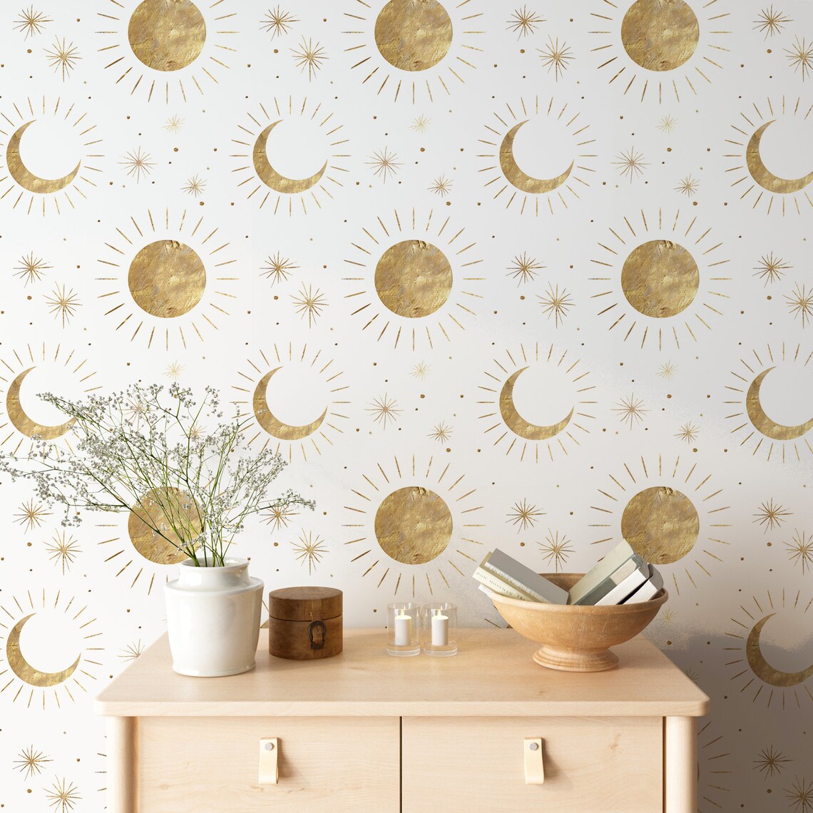 Sun and Moon Astrology Celestial Wallpaper, Stars Kids Room Wall Mural ...