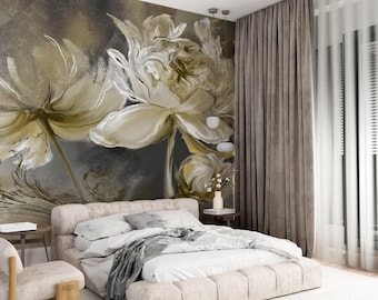 Vintage Flowers Oil Paint Wallpaper, Dark floral wall mural, Abstract Floral Wall Mural, Removable Mural Peel Stick, Self Adhesive Wallpaper